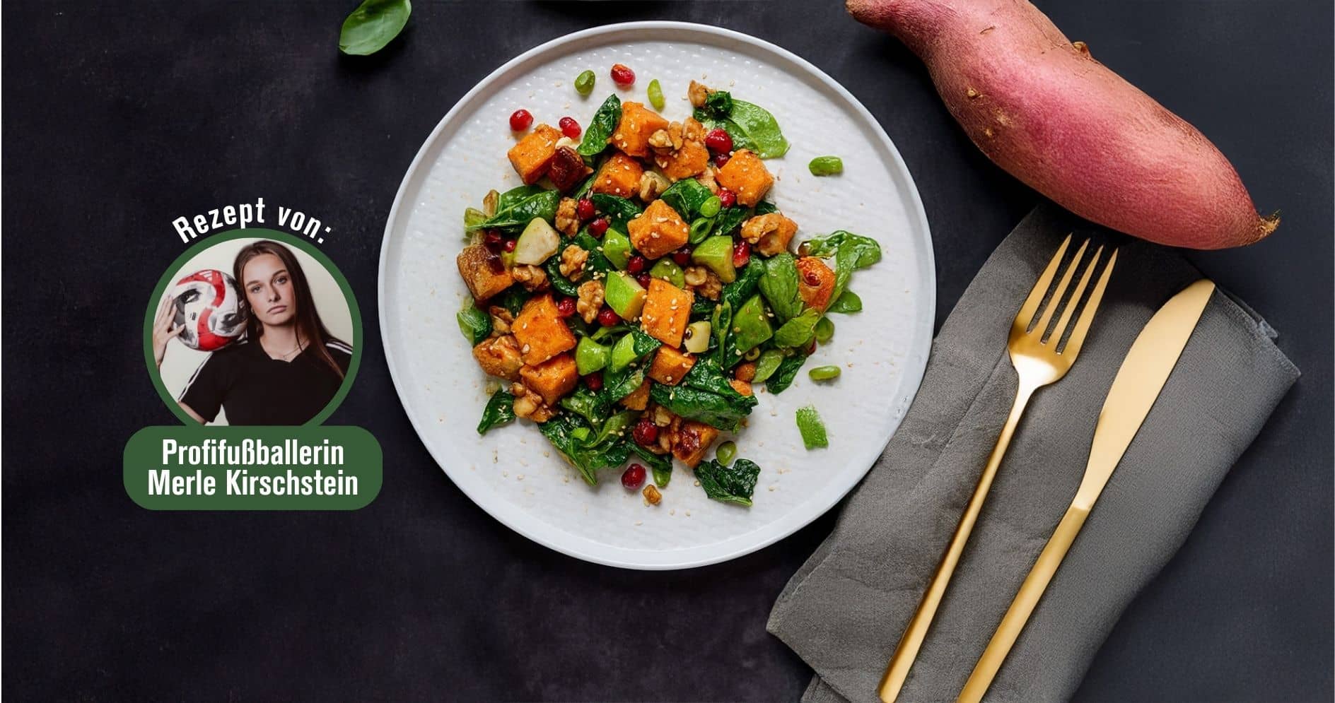 Süßkartoffel-Spinat-Salat mit Apfel, Walnüssen und Granatapfelkernen