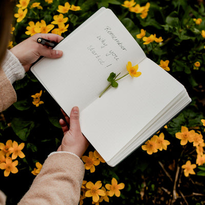 Buch mit Intention und Blume