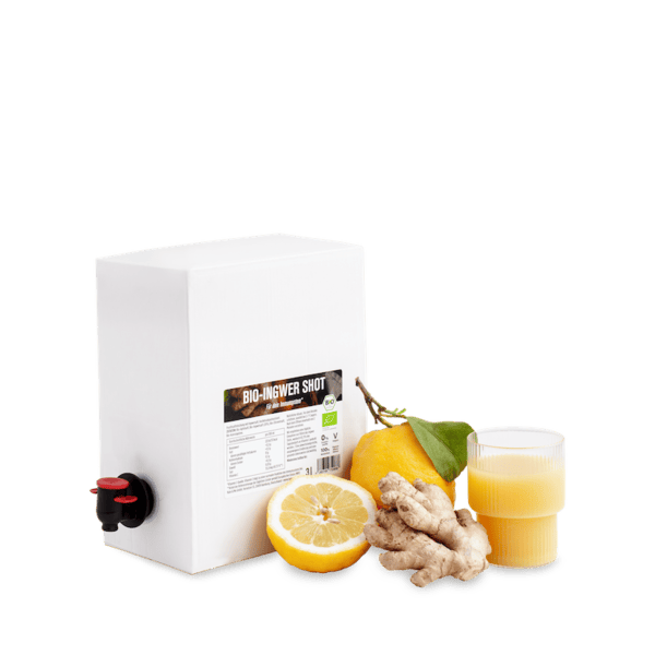 Bio Ingwer Shot Bag-in-Box 3L with lemons and ginger, vitamin C-rich immune support drink without additives.