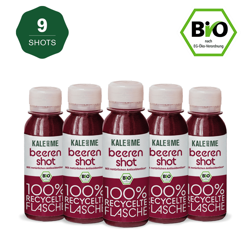 Bundle Bio Beeren Shot, 9 cold-pressed berry shots in 100% recycled bottles, rich in antioxidants and vitamin C.