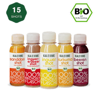 Bio Shot Vitamin Bundle with 15 organic shots in 5 flavors, 85 ml each, in recycled bottles.