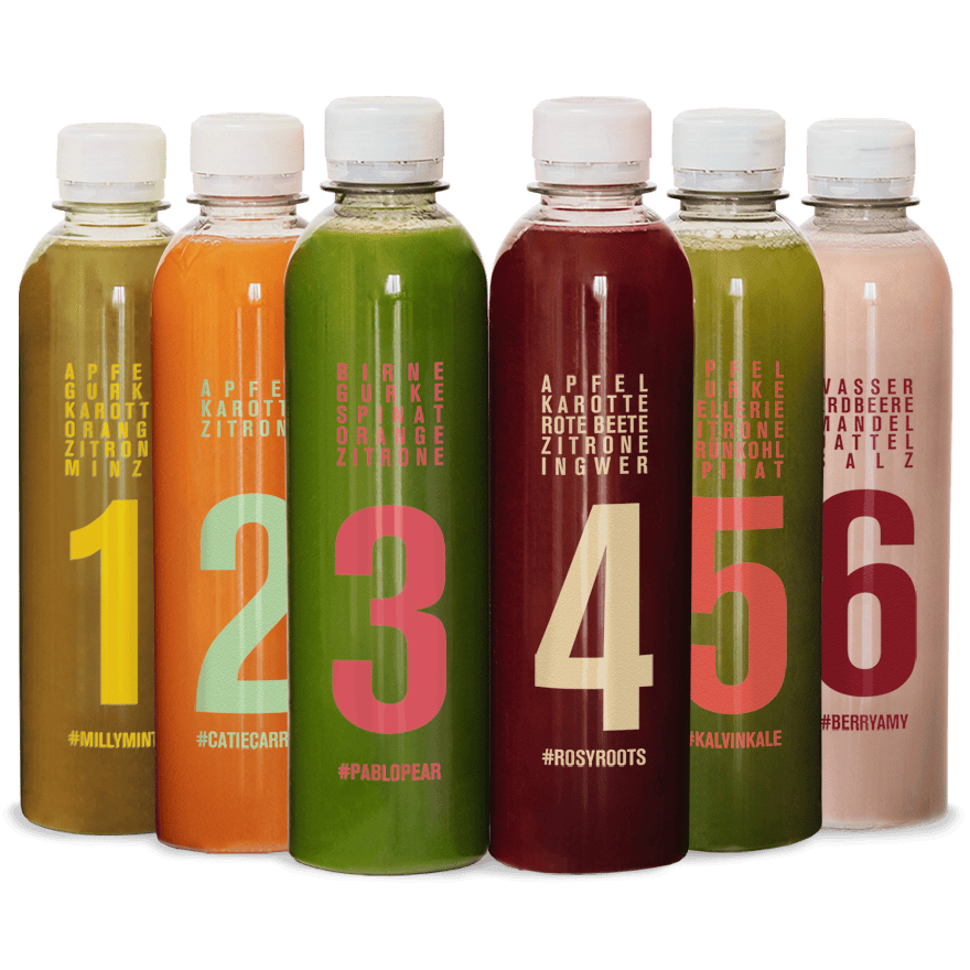 6 verschiedene Obst- und Gemüsesäfte