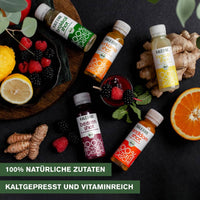 Bio Shot Vitamin Bundle mit 5 Geschmacksrichtungen: Ingwer, Sanddorn, Erdbeer-Ingwer, Kurkuma, Beere; 15 kaltgepresste Bio-Shots, vitaminreich; 85 ml pro Shot; umweltfreundliche Verpackung.